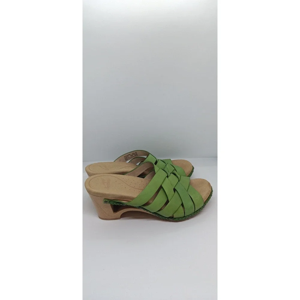 Dansko Women Green Leather Woven Slip On Wooden Wedge Sandals Clogs Size 38